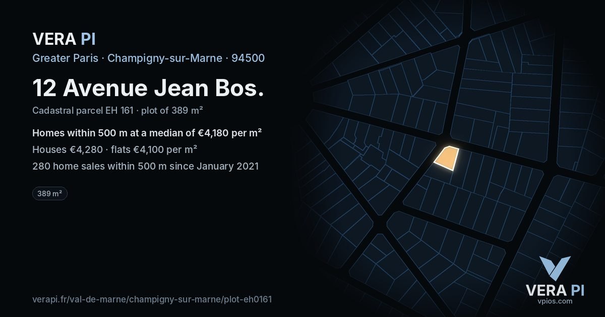 12 Avenue Jean Bos, Champigny-sur-Marne at night – the plot lit, the parcels around coloured by the prices near them