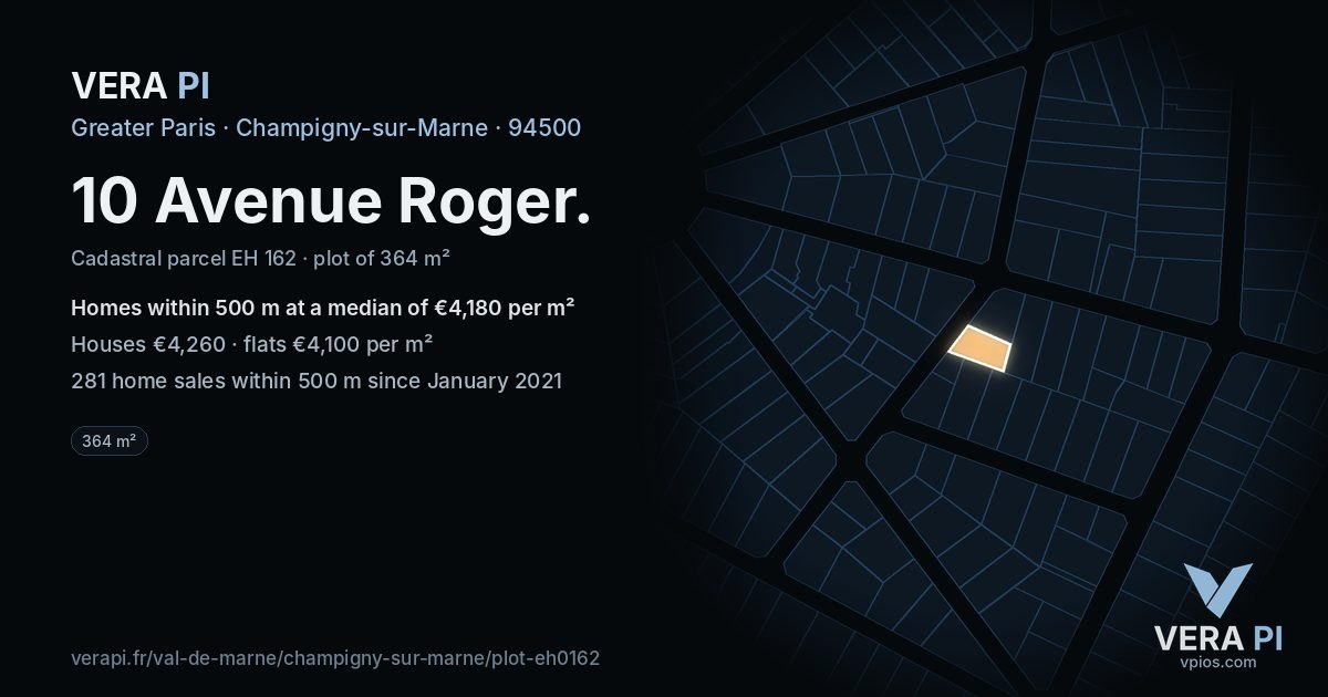 10 Avenue Roger, Champigny-sur-Marne at night – the plot lit, the parcels around coloured by the prices near them