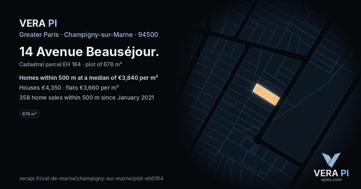 14 Avenue Beauséjour, Champigny-sur-Marne at night – the plot lit, the parcels around coloured by the prices near them