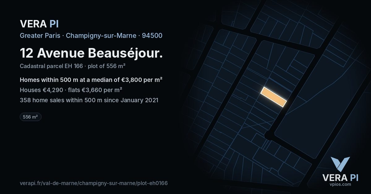 12 Avenue Beauséjour, Champigny-sur-Marne at night – the plot lit, the parcels around coloured by the prices near them
