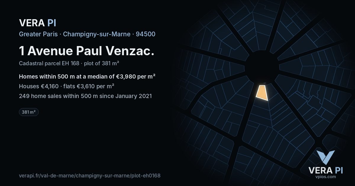 1 Avenue Paul Venzac, Champigny-sur-Marne at night – the plot lit, the parcels around coloured by the prices near them