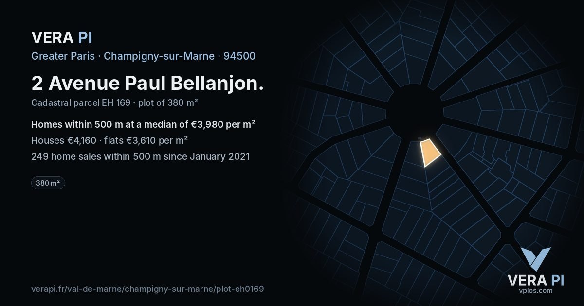 2 Avenue Paul Bellanjon, Champigny-sur-Marne at night – the plot lit, the parcels around coloured by the prices near them