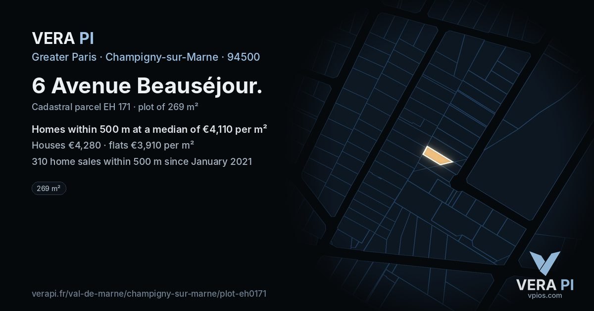 6 Avenue Beauséjour, Champigny-sur-Marne at night – the plot lit, the parcels around coloured by the prices near them
