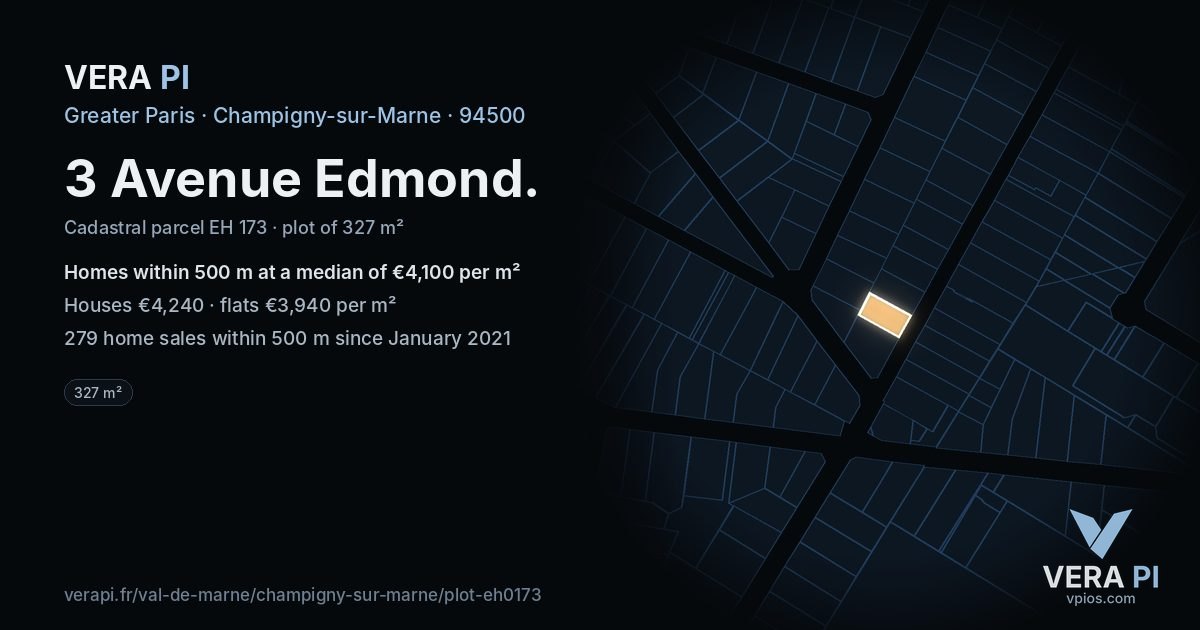 3 Avenue Edmond, Champigny-sur-Marne at night – the plot lit, the parcels around coloured by the prices near them