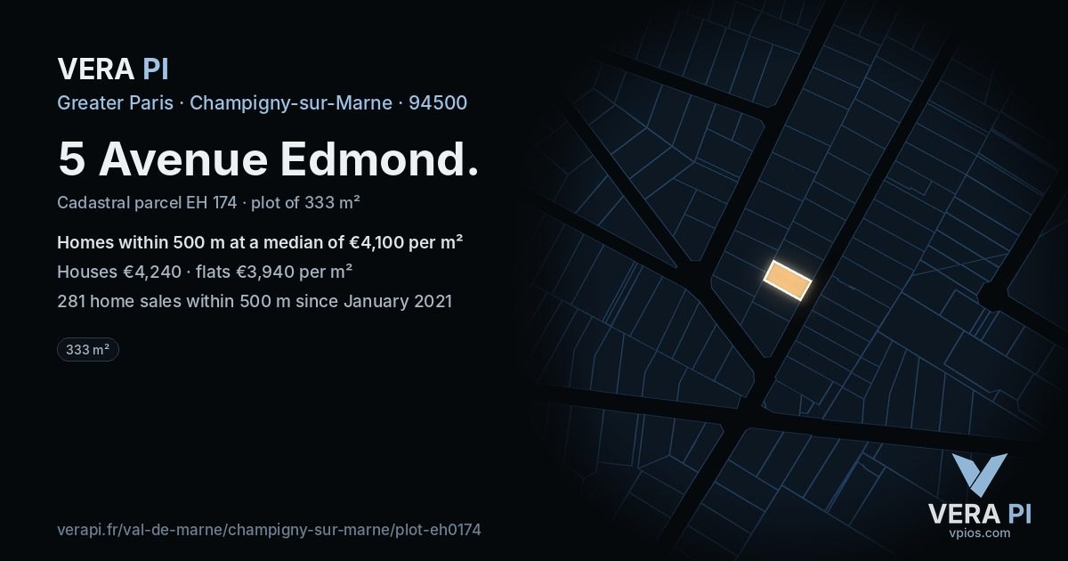 5 Avenue Edmond, Champigny-sur-Marne at night – the plot lit, the parcels around coloured by the prices near them