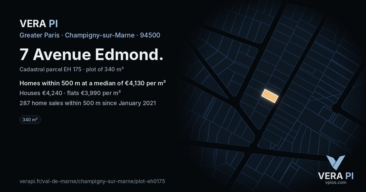 7 Avenue Edmond, Champigny-sur-Marne at night – the plot lit, the parcels around coloured by the prices near them