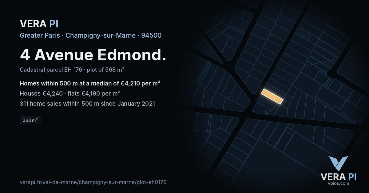 4 Avenue Edmond, Champigny-sur-Marne at night – the plot lit, the parcels around coloured by the prices near them