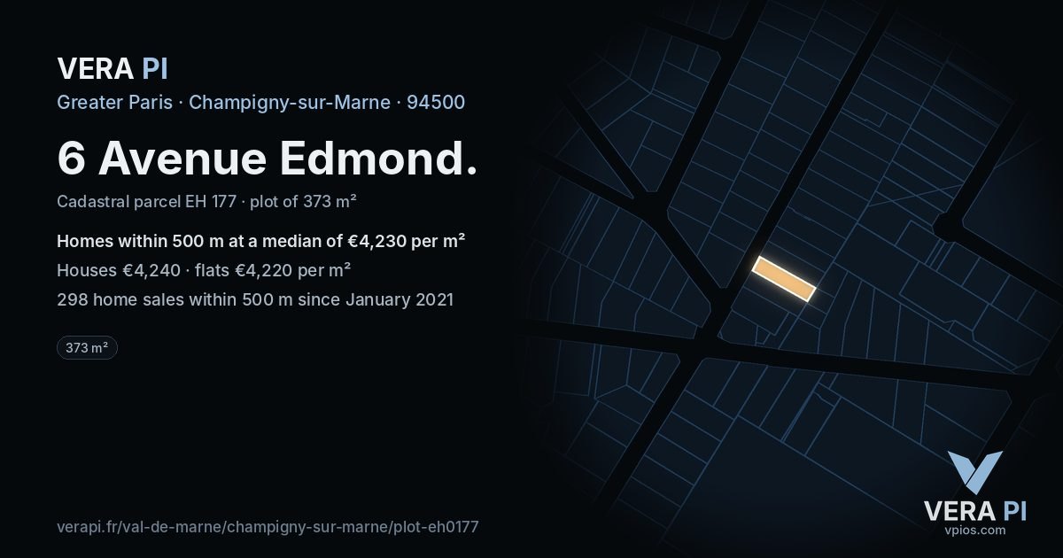 6 Avenue Edmond, Champigny-sur-Marne at night – the plot lit, the parcels around coloured by the prices near them