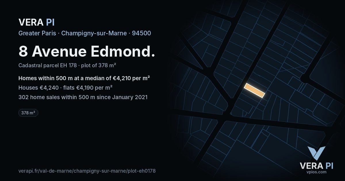 8 Avenue Edmond, Champigny-sur-Marne at night – the plot lit, the parcels around coloured by the prices near them