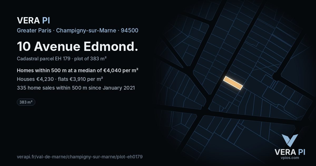 10 Avenue Edmond, Champigny-sur-Marne at night – the plot lit, the parcels around coloured by the prices near them