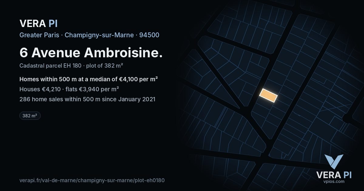6 Avenue Ambroisine, Champigny-sur-Marne at night – the plot lit, the parcels around coloured by the prices near them
