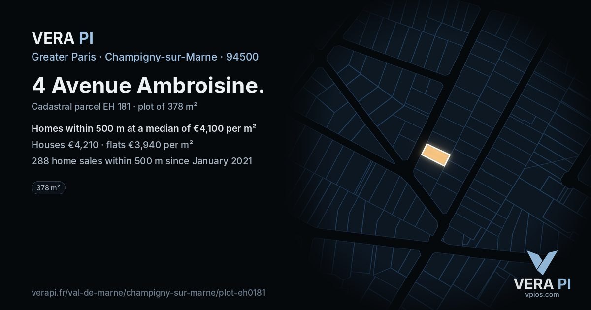4 Avenue Ambroisine, Champigny-sur-Marne at night – the plot lit, the parcels around coloured by the prices near them