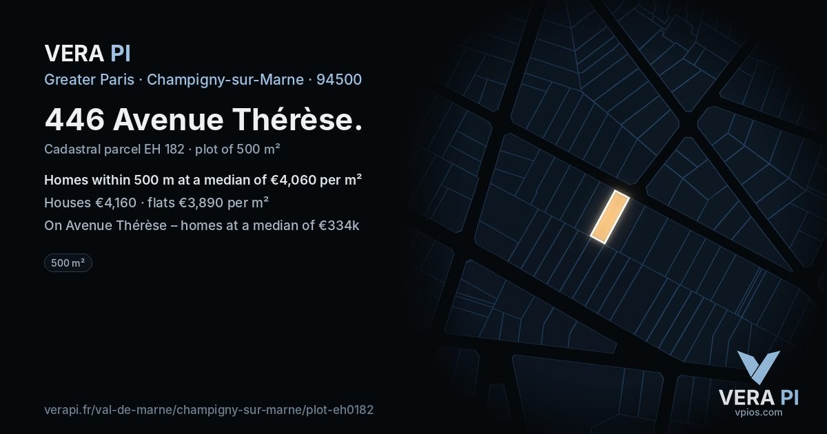 446 Avenue Thérèse, Champigny-sur-Marne at night – the plot lit, the parcels around coloured by the prices near them