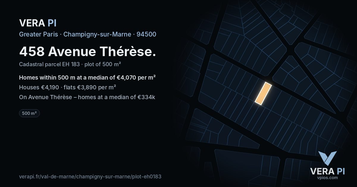 458 Avenue Thérèse, Champigny-sur-Marne at night – the plot lit, the parcels around coloured by the prices near them