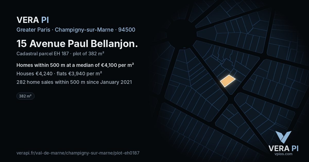 15 Avenue Paul Bellanjon, Champigny-sur-Marne at night – the plot lit, the parcels around coloured by the prices near them
