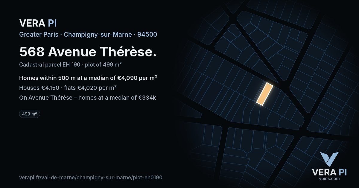 568 Avenue Thérèse, Champigny-sur-Marne at night – the plot lit, the parcels around coloured by the prices near them