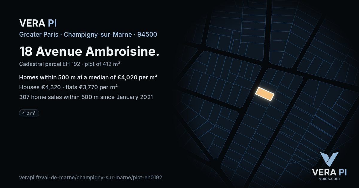 18 Avenue Ambroisine, Champigny-sur-Marne at night – the plot lit, the parcels around coloured by the prices near them