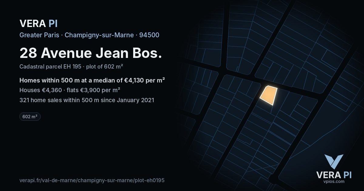 28 Avenue Jean Bos, Champigny-sur-Marne at night – the plot lit, the parcels around coloured by the prices near them
