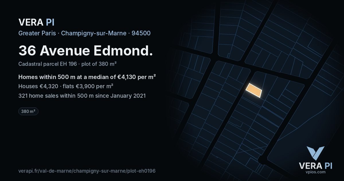 36 Avenue Edmond, Champigny-sur-Marne at night – the plot lit, the parcels around coloured by the prices near them