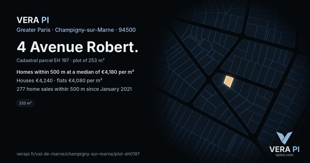 4 Avenue Robert, Champigny-sur-Marne at night – the plot lit, the parcels around coloured by the prices near them