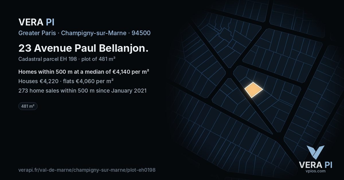 23 Avenue Paul Bellanjon, Champigny-sur-Marne at night – the plot lit, the parcels around coloured by the prices near them