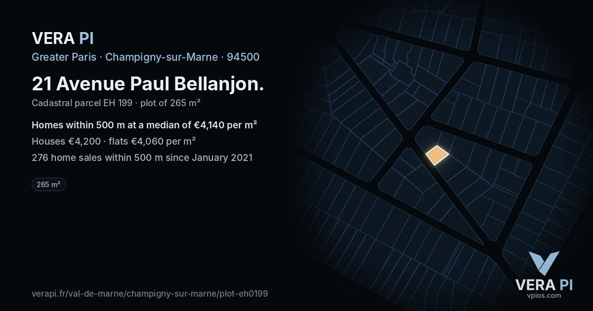 21 Avenue Paul Bellanjon, Champigny-sur-Marne at night – the plot lit, the parcels around coloured by the prices near them