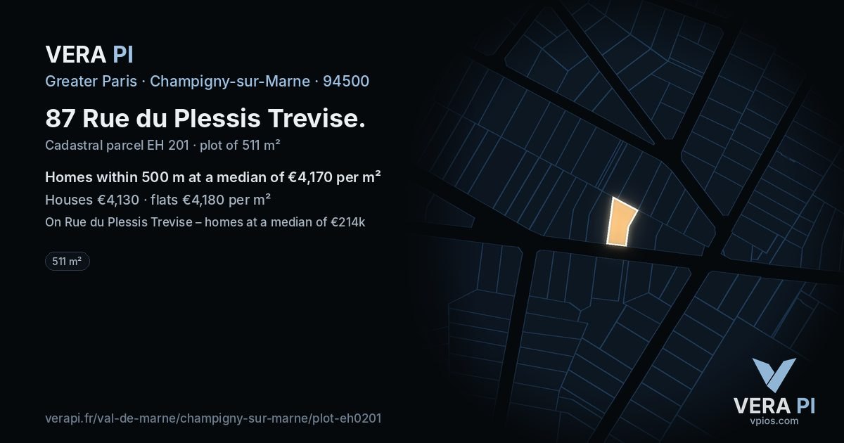 87 Rue du Plessis Trevise, Champigny-sur-Marne at night – the plot lit, the parcels around coloured by the prices near them