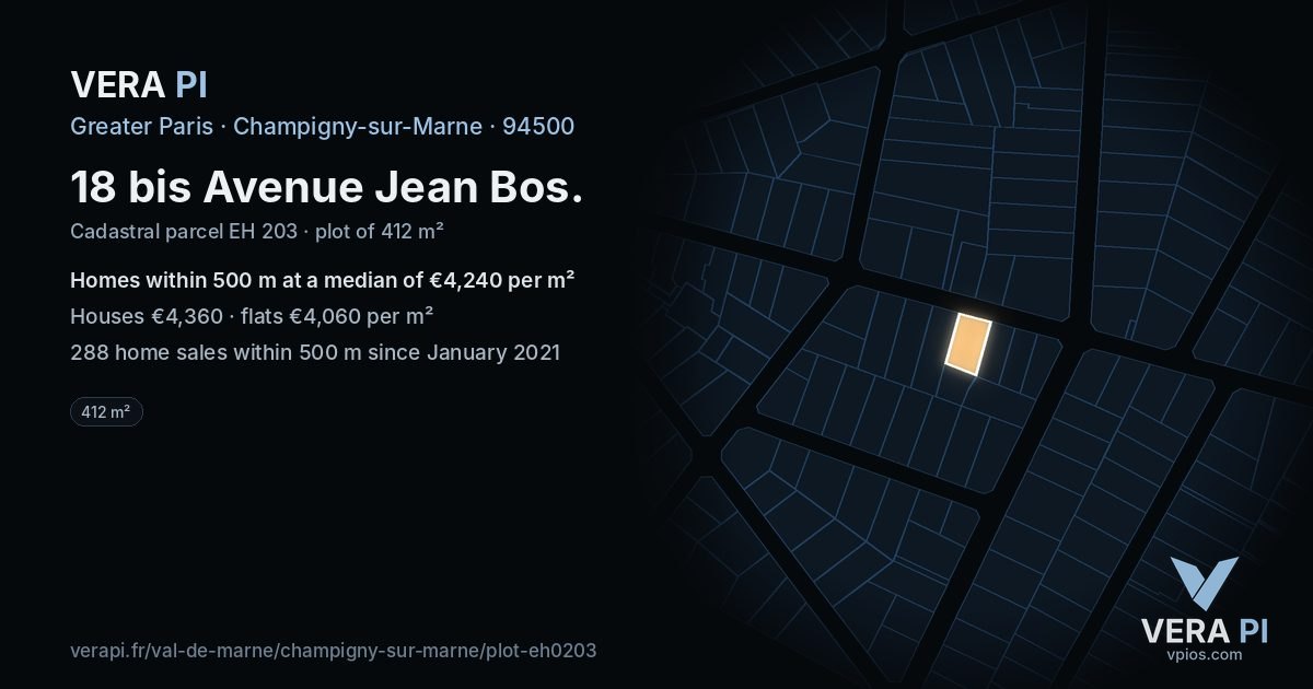18 bis Avenue Jean Bos, Champigny-sur-Marne at night – the plot lit, the parcels around coloured by the prices near them