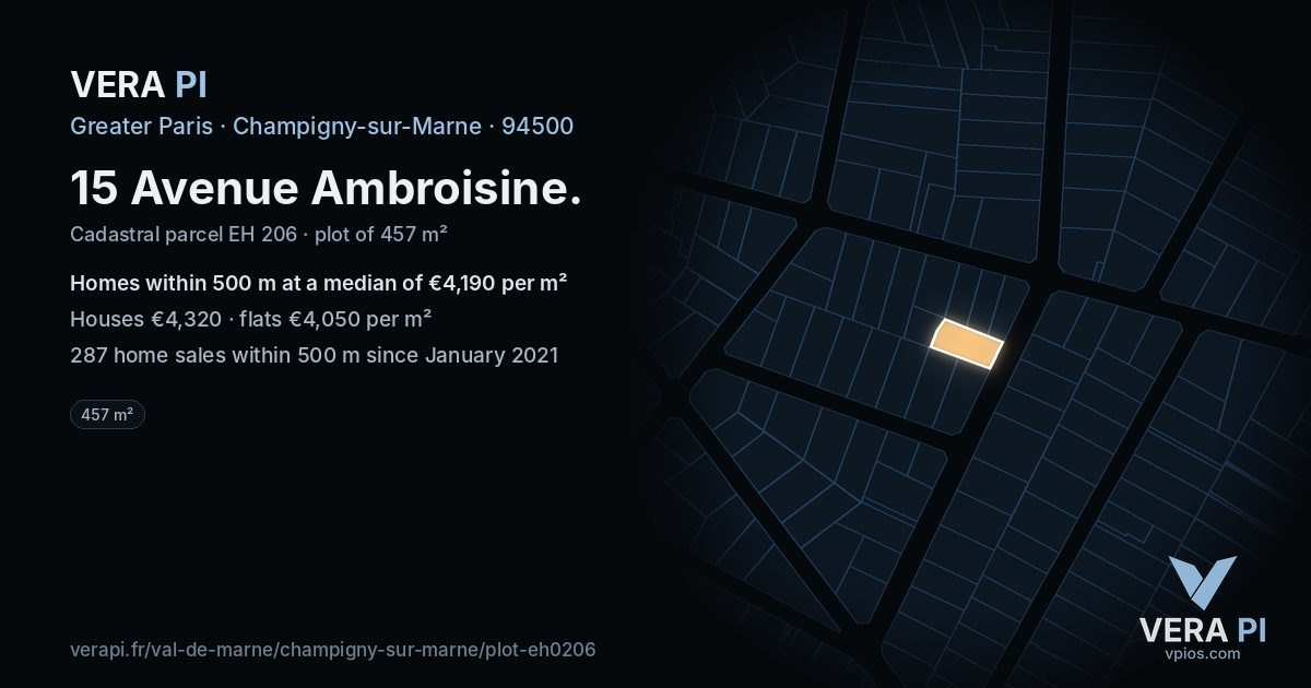 15 Avenue Ambroisine, Champigny-sur-Marne at night – the plot lit, the parcels around coloured by the prices near them