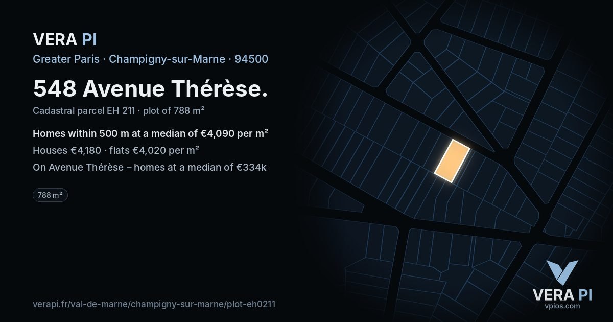548 Avenue Thérèse, Champigny-sur-Marne at night – the plot lit, the parcels around coloured by the prices near them