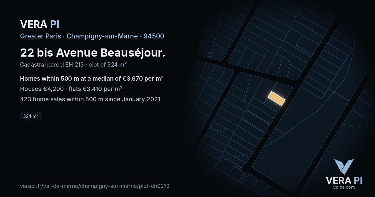 22 bis Avenue Beauséjour, Champigny-sur-Marne at night – the plot lit, the parcels around coloured by the prices near them