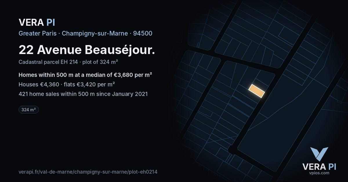 22 Avenue Beauséjour, Champigny-sur-Marne at night – the plot lit, the parcels around coloured by the prices near them