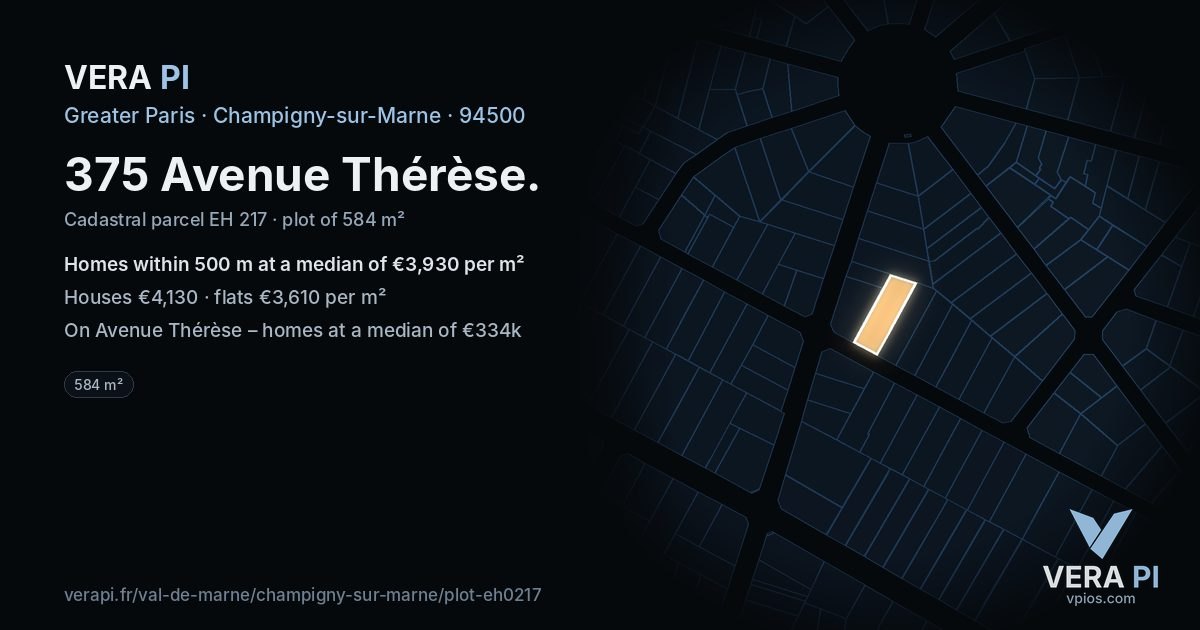 375 Avenue Thérèse, Champigny-sur-Marne at night – the plot lit, the parcels around coloured by the prices near them