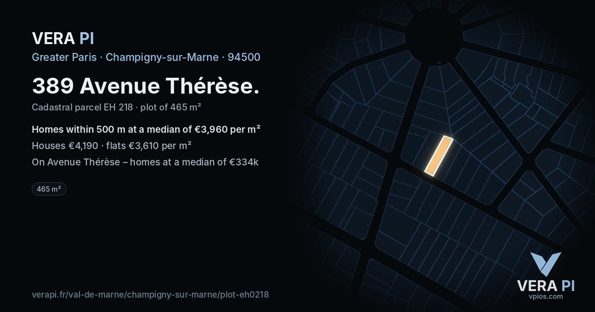 389 Avenue Thérèse, Champigny-sur-Marne at night – the plot lit, the parcels around coloured by the prices near them