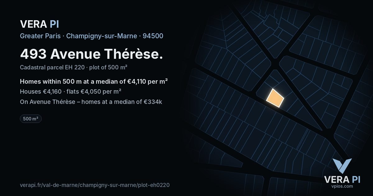 493 Avenue Thérèse, Champigny-sur-Marne at night – the plot lit, the parcels around coloured by the prices near them