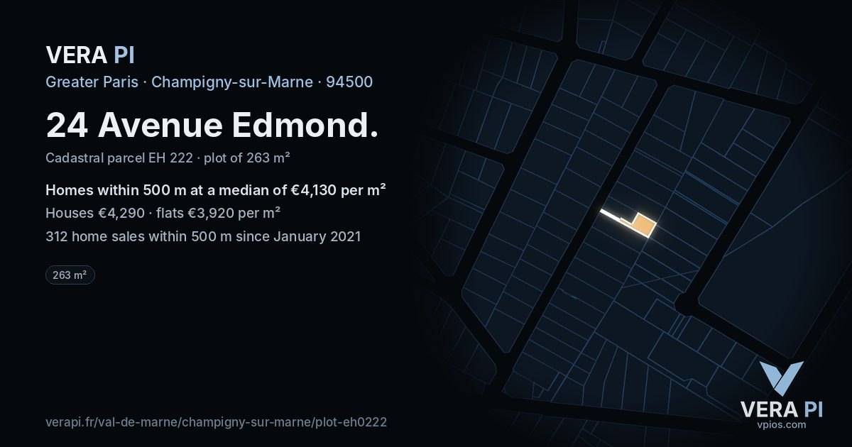 24 Avenue Edmond, Champigny-sur-Marne at night – the plot lit, the parcels around coloured by the prices near them