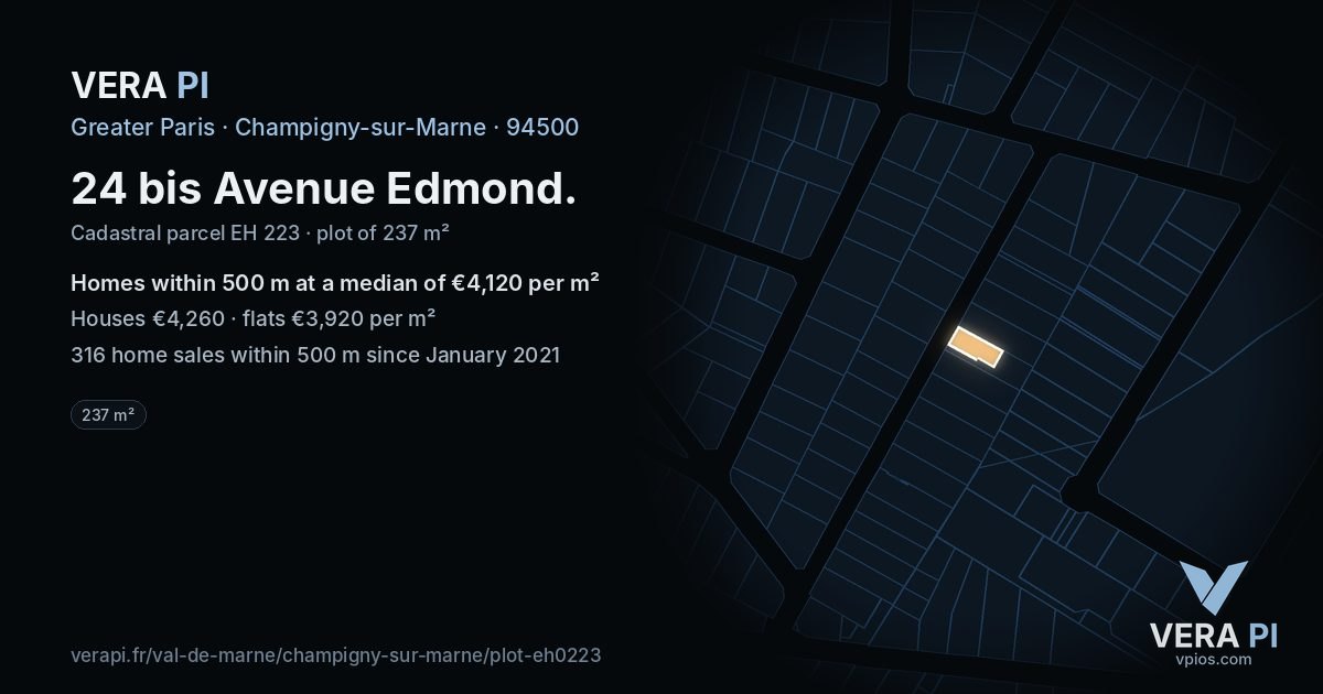 24 bis Avenue Edmond, Champigny-sur-Marne at night – the plot lit, the parcels around coloured by the prices near them