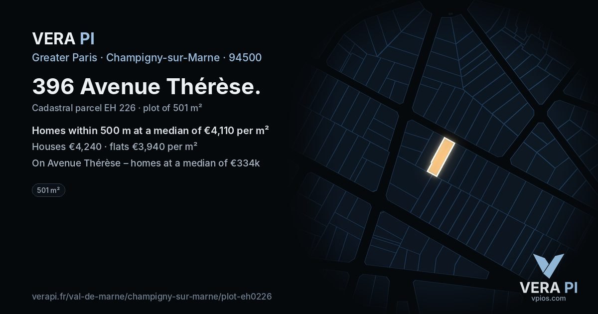396 Avenue Thérèse, Champigny-sur-Marne at night – the plot lit, the parcels around coloured by the prices near them
