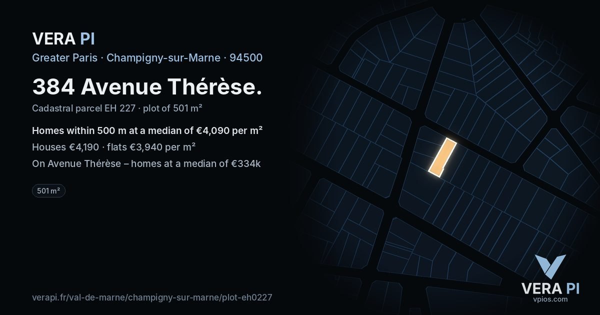 384 Avenue Thérèse, Champigny-sur-Marne at night – the plot lit, the parcels around coloured by the prices near them