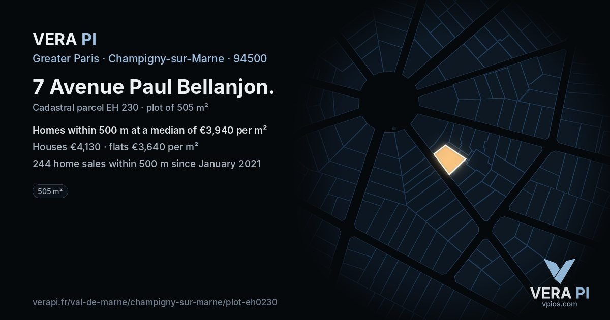 7 Avenue Paul Bellanjon, Champigny-sur-Marne at night – the plot lit, the parcels around coloured by the prices near them