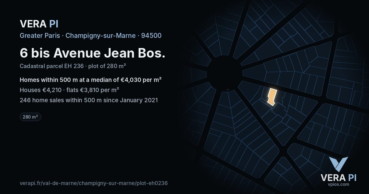 6 bis Avenue Jean Bos, Champigny-sur-Marne at night – the plot lit, the parcels around coloured by the prices near them