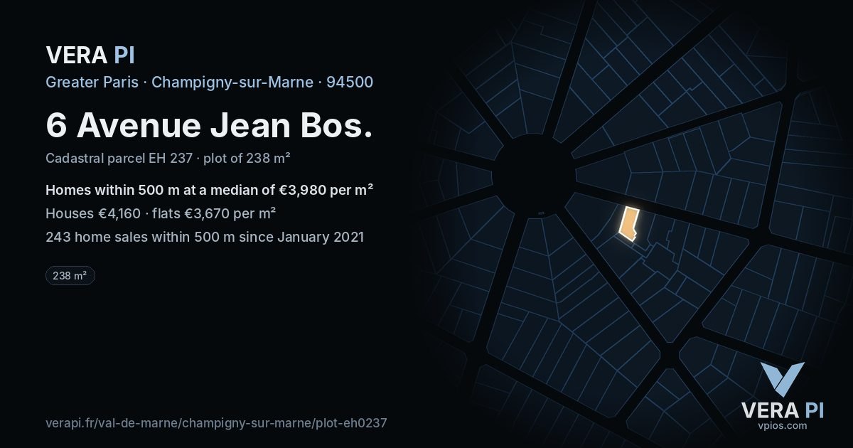 6 Avenue Jean Bos, Champigny-sur-Marne at night – the plot lit, the parcels around coloured by the prices near them