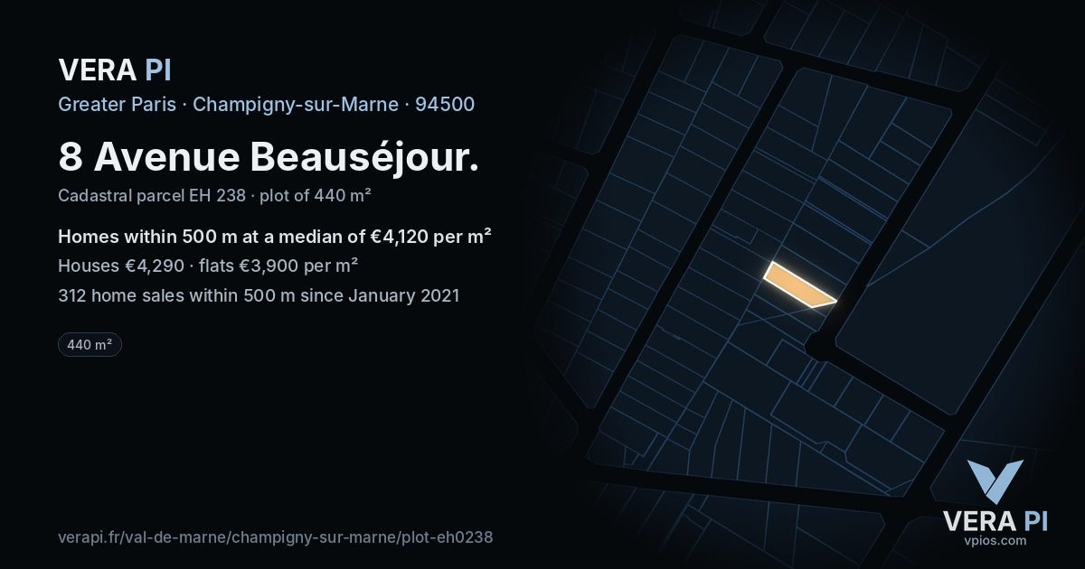 8 Avenue Beauséjour, Champigny-sur-Marne at night – the plot lit, the parcels around coloured by the prices near them
