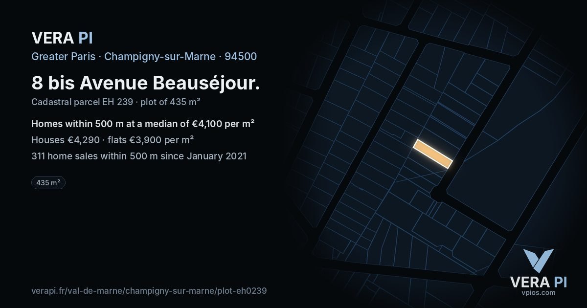 8 bis Avenue Beauséjour, Champigny-sur-Marne at night – the plot lit, the parcels around coloured by the prices near them
