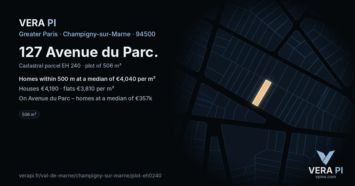 127 Avenue du Parc, Champigny-sur-Marne at night – the plot lit, the parcels around coloured by the prices near them