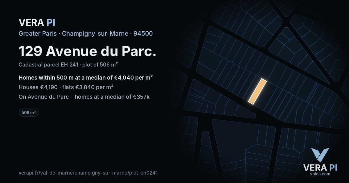 129 Avenue du Parc, Champigny-sur-Marne at night – the plot lit, the parcels around coloured by the prices near them