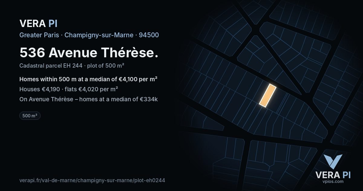 536 Avenue Thérèse, Champigny-sur-Marne at night – the plot lit, the parcels around coloured by the prices near them