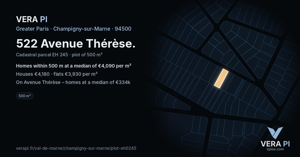 522 Avenue Thérèse, Champigny-sur-Marne at night – the plot lit, the parcels around coloured by the prices near them