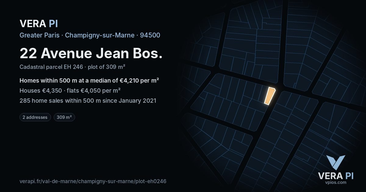 22 Avenue Jean Bos, Champigny-sur-Marne at night – the plot lit, the parcels around coloured by the prices near them