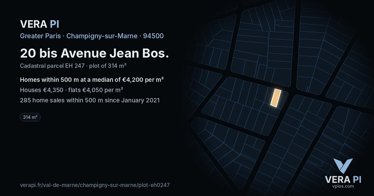 20 bis Avenue Jean Bos, Champigny-sur-Marne at night – the plot lit, the parcels around coloured by the prices near them